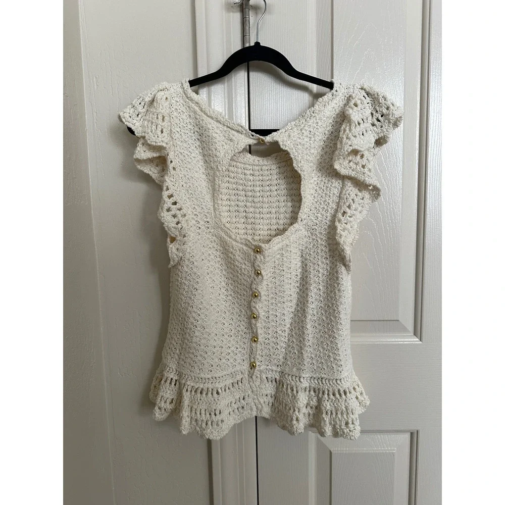 By Anthropologie Flutter-Sleeve Crochet Sweater Top Ivory Cream XL OB1659180